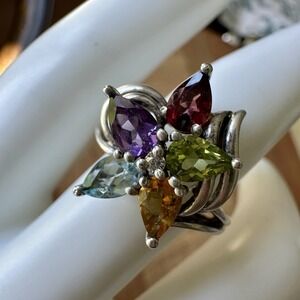 Vintage Diamonique Cocktail Flower Ring Size 8  Multicolor Gem 925 Sterling 4.3g